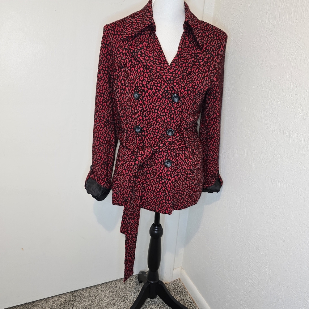 NY Collection Red and Black Cheatah Print Fully Lined Size M Tie Jacket